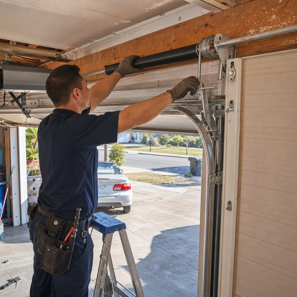 Technician replaces garage door spring