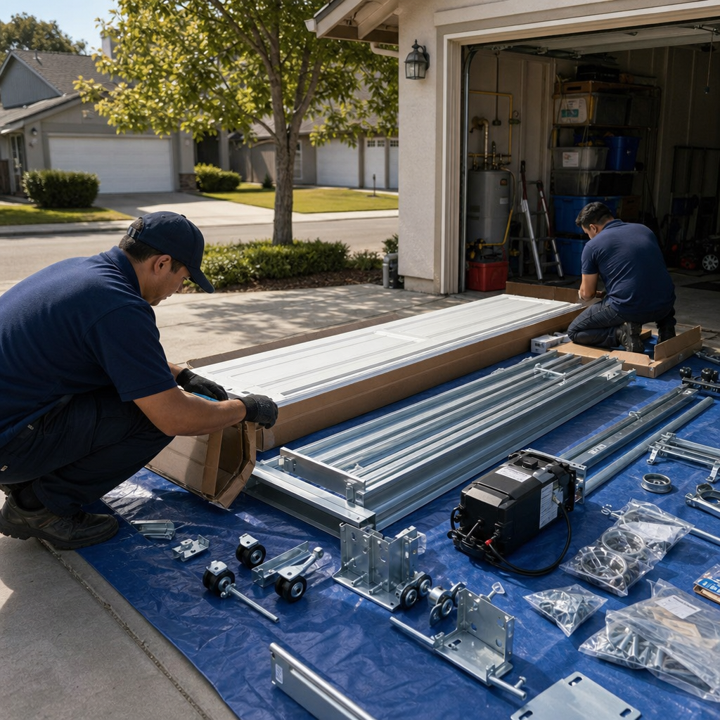 Garage door installation professional with components laid out