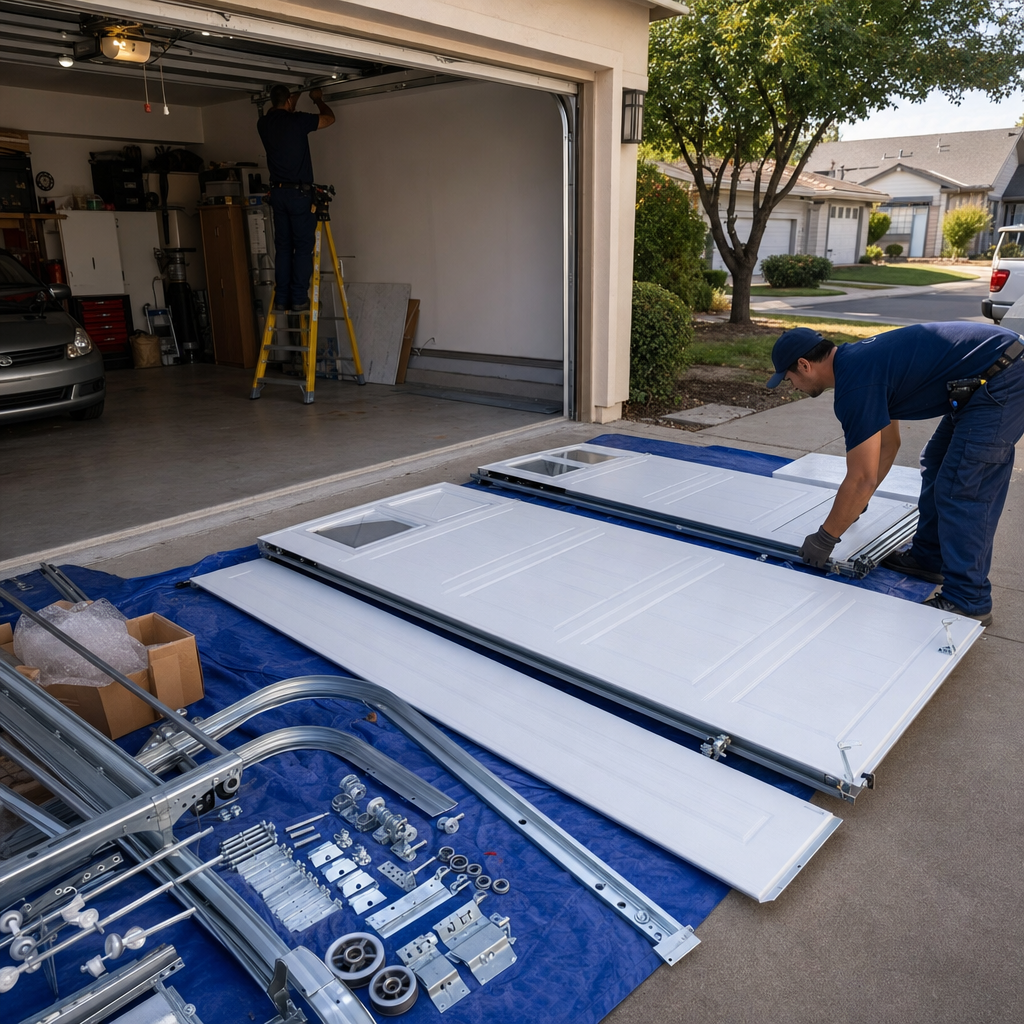 Garage door installation by professional technicians with components laid out.