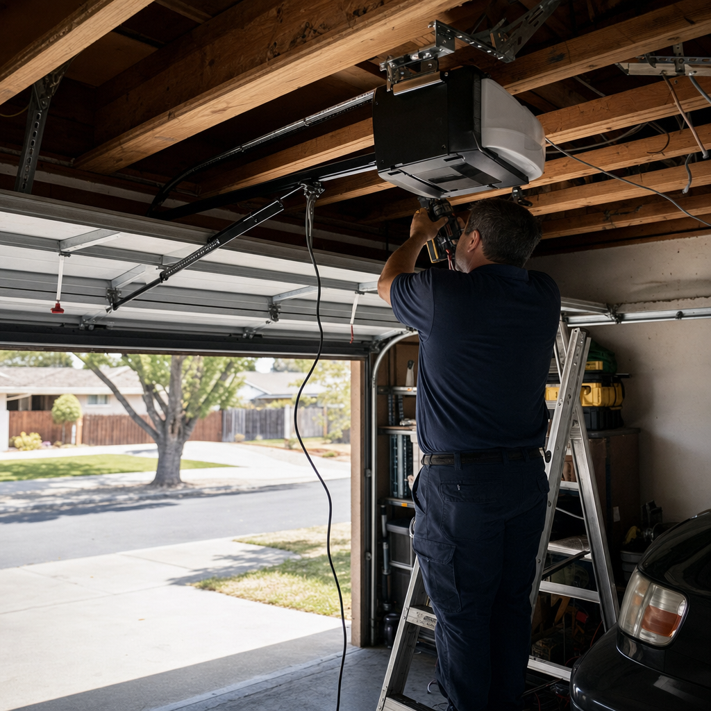 Technician installing garage door opener