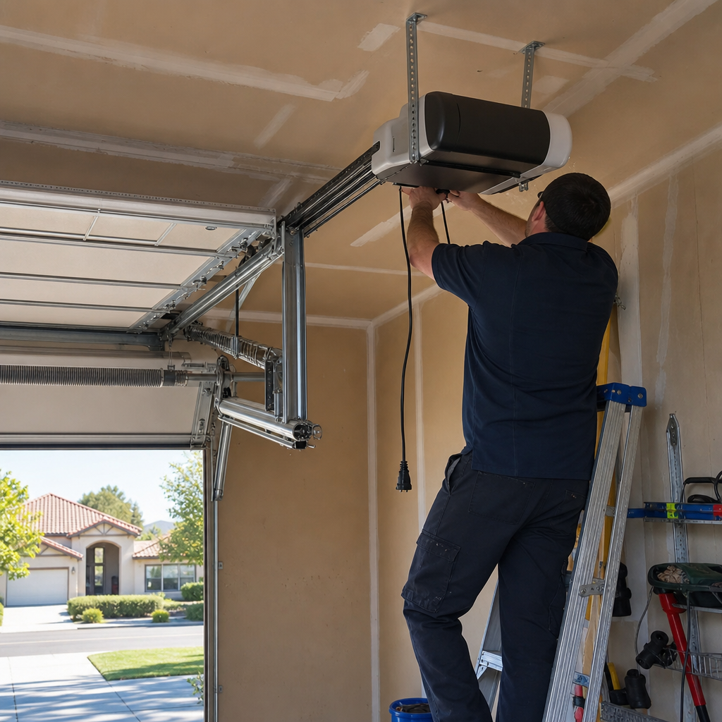 Technician installing garage door opener system