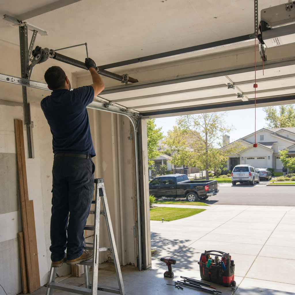 Garage door repair technician working on spring system