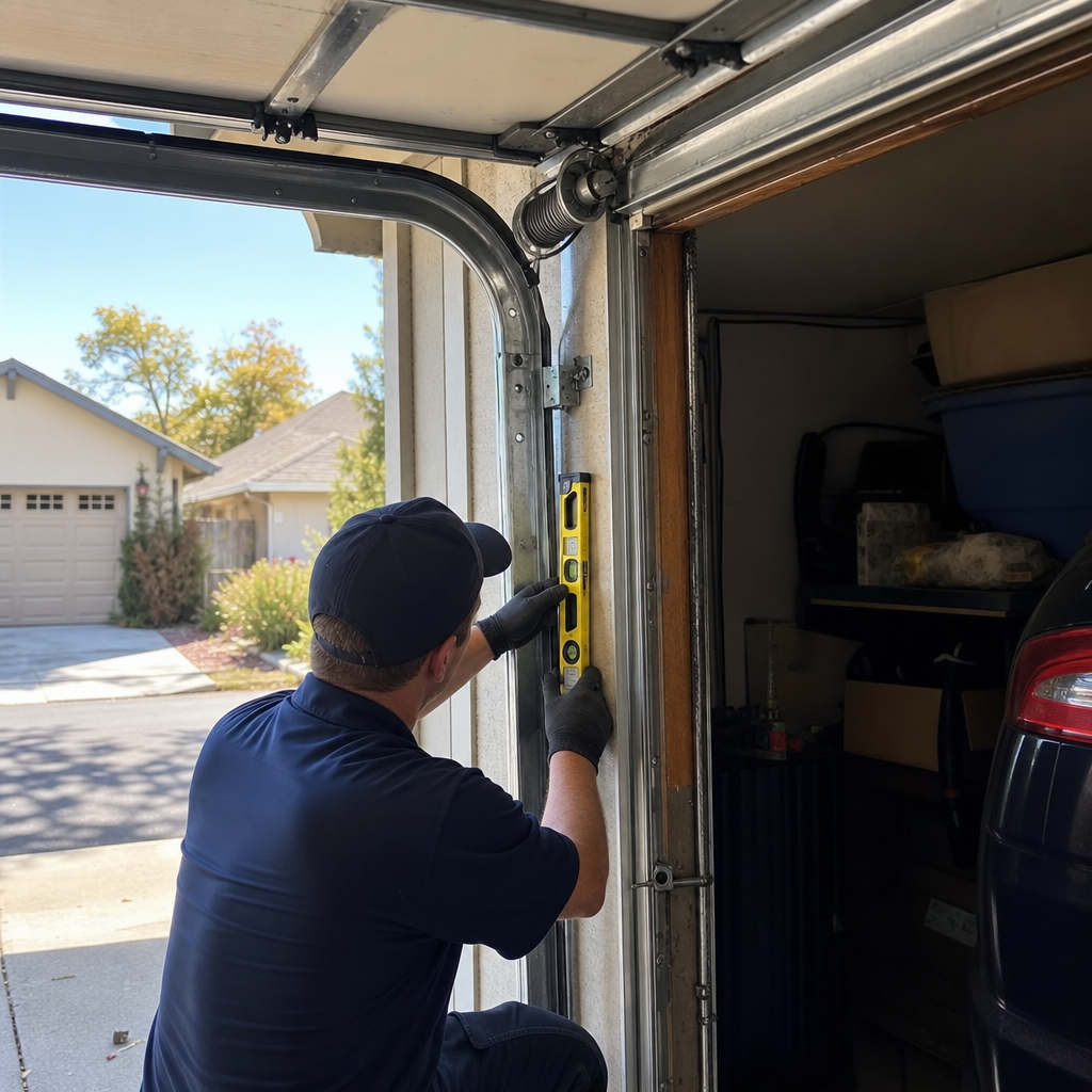 Technician aligns garage door track with level during repair