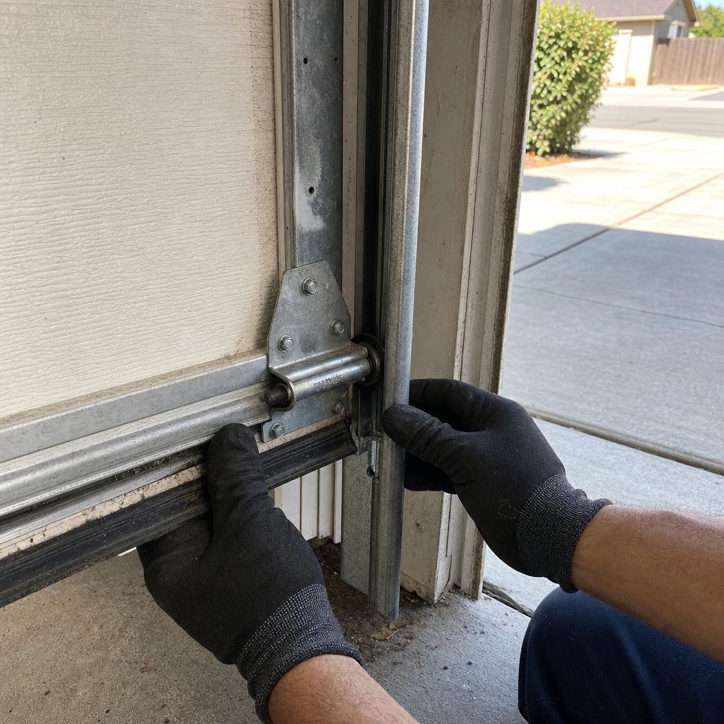Technician performing emergency garage door repair on track and roller assembly in Citrus Heights, CA