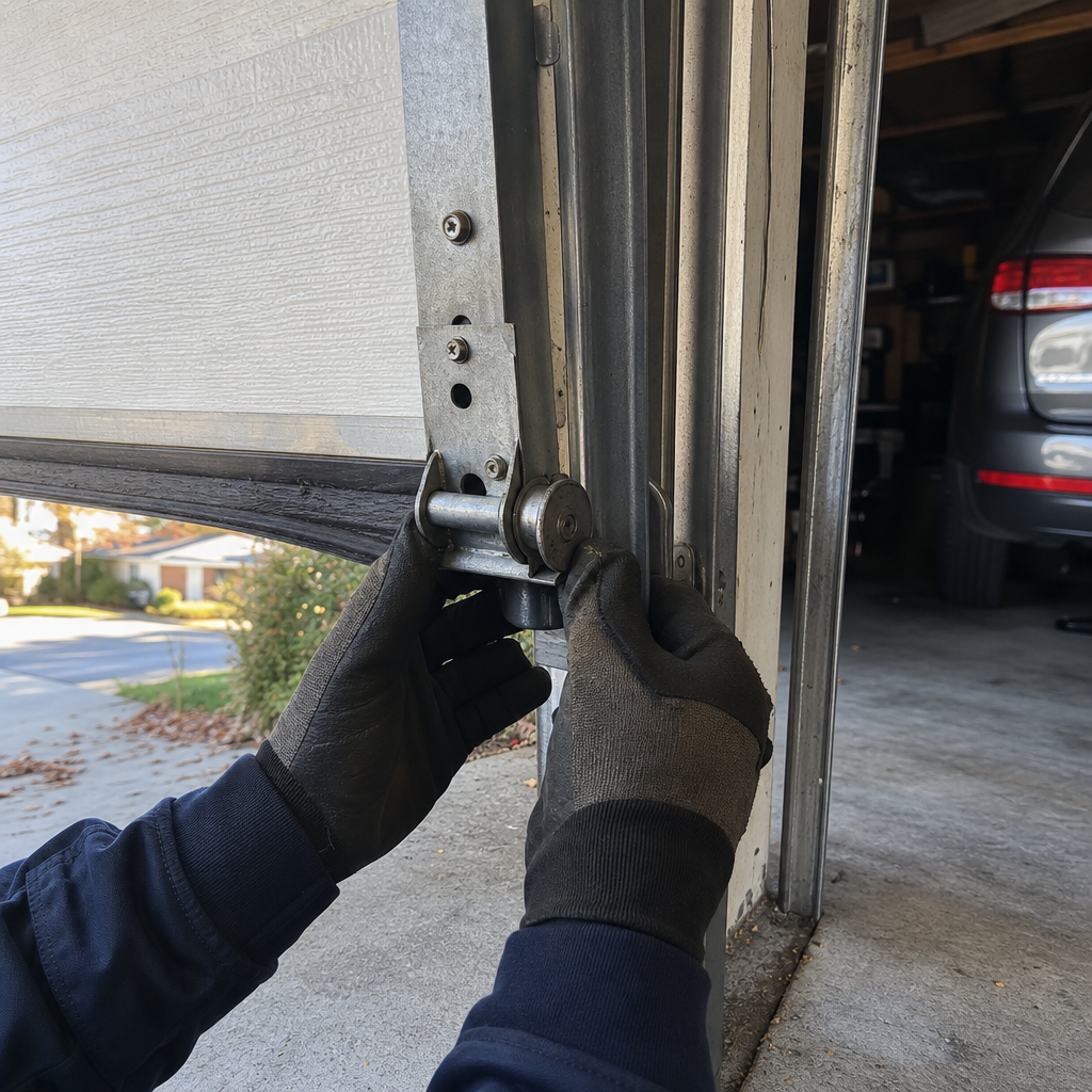 Technician performing emergency garage door repair on residential door track in Citrus Heights, CA