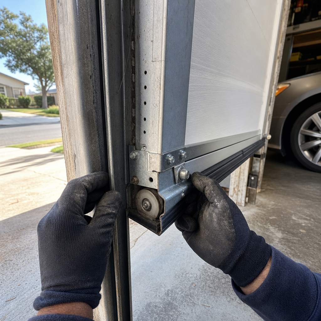Professional performing emergency garage door repair, adjusting roller on track. in Davis, CA
