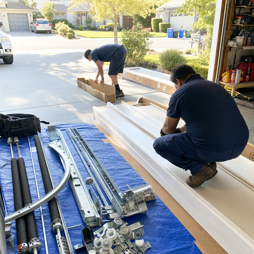 Two technicians installing a new residential garage door system