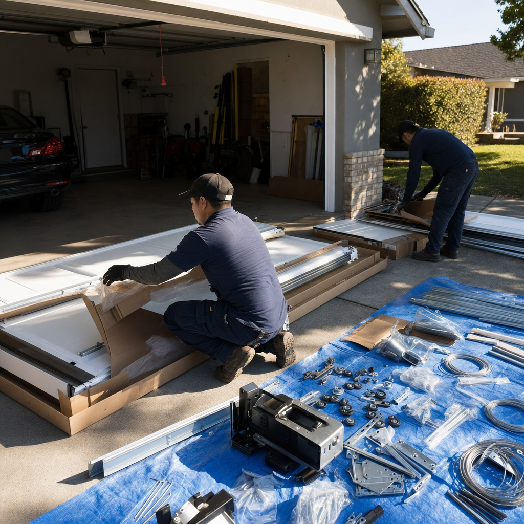 Two professionals installing a new residential garage door system