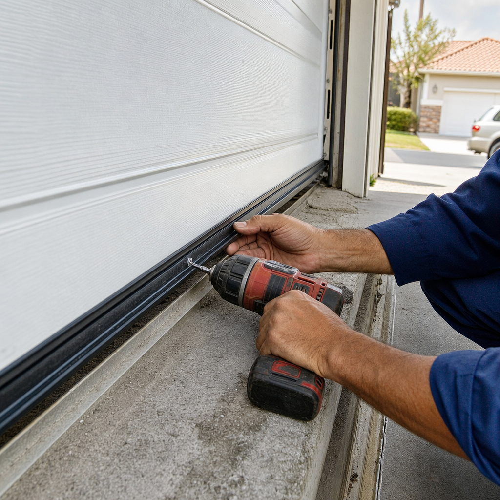 Technician using a power drill to install garage door bottom seal