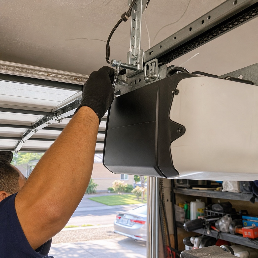 Professional technician adjusting garage door opener motor assembly