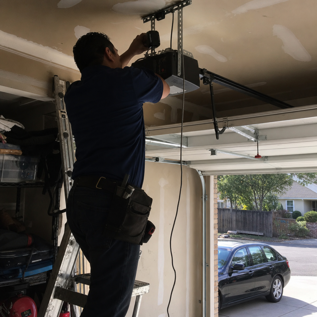 Technician using a power drill to install a garage door opener