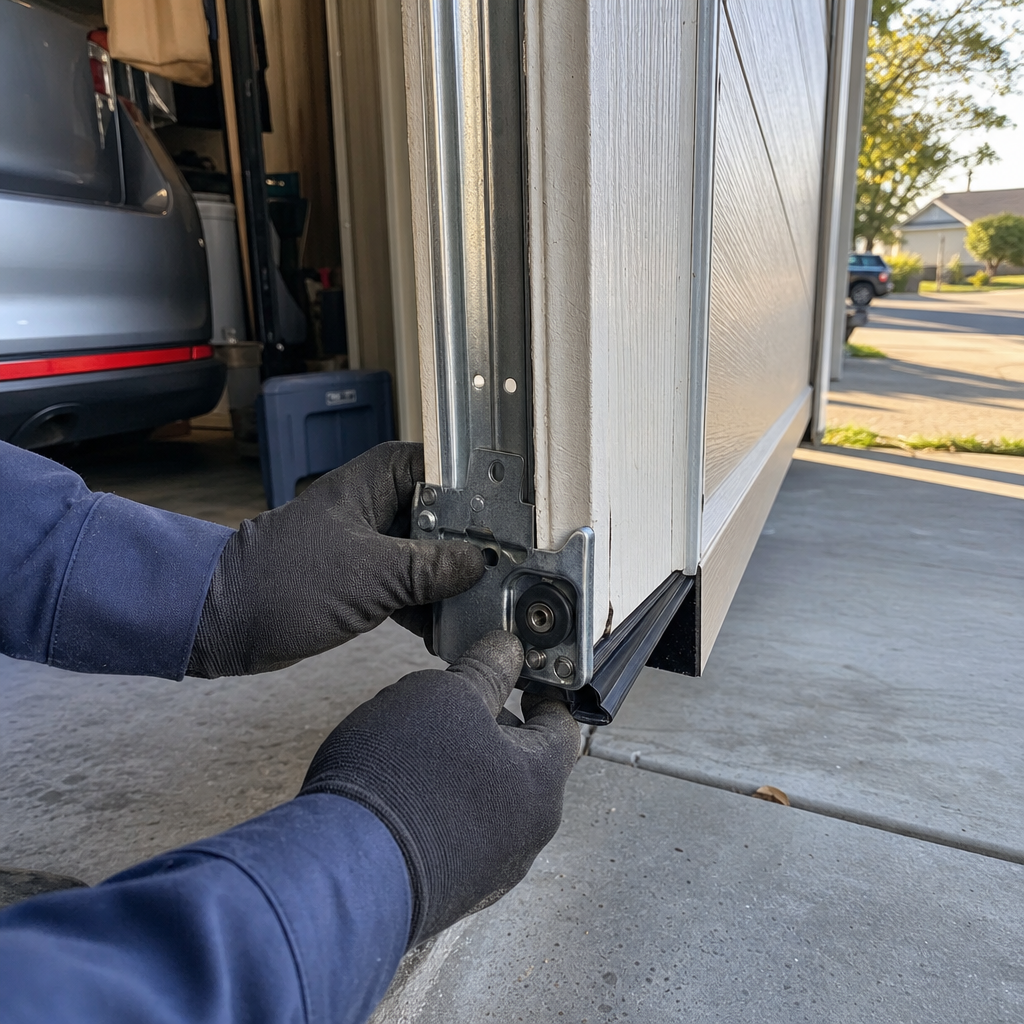 Technician performing professional garage door roller and hardware maintenance
