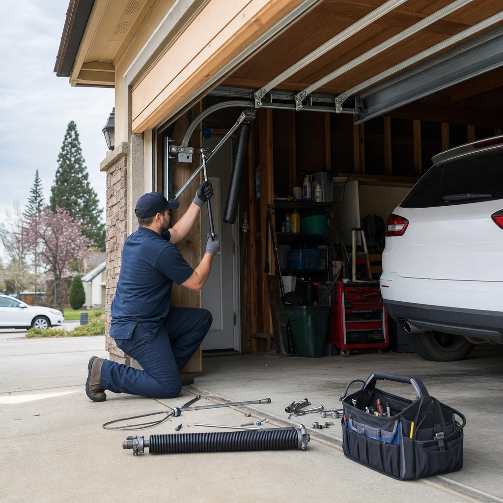 Technician performing professional garage door repair and parts replacement