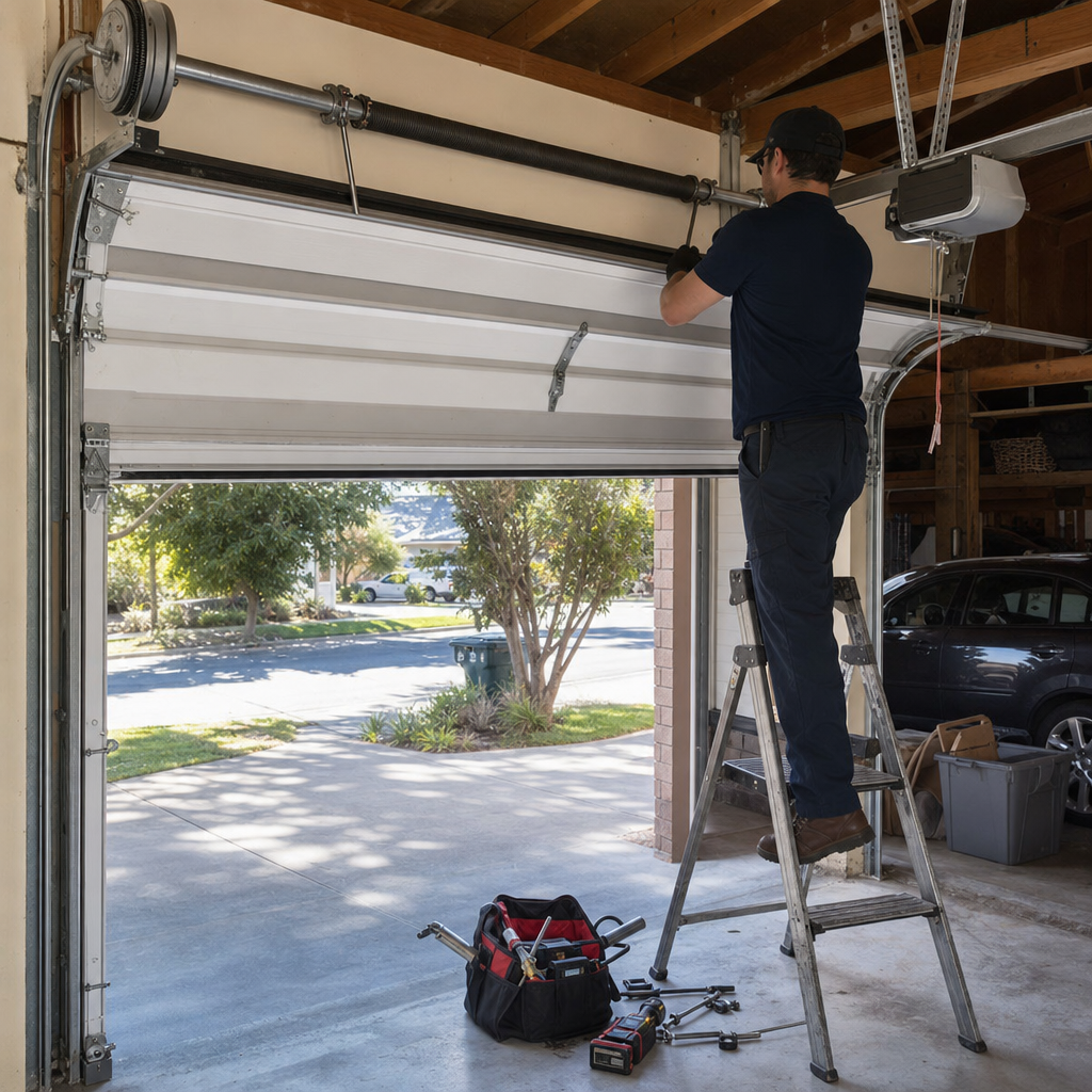 Technician performing professional garage door spring repair and maintenance service