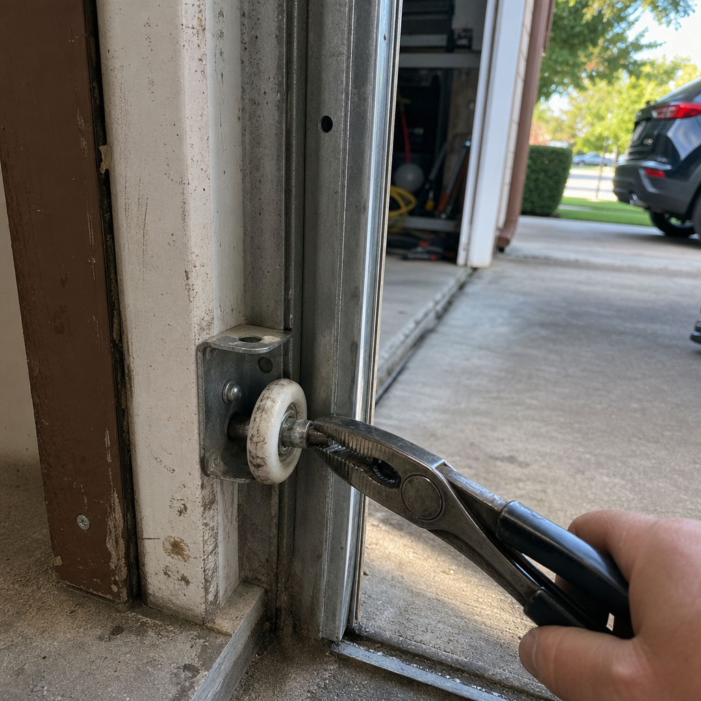 Technician using pliers to perform professional garage door roller repair